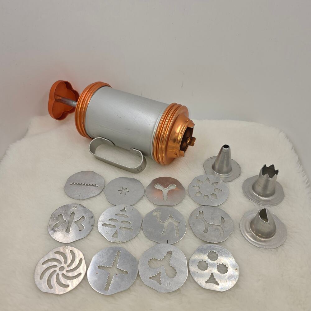 Vintage Mirro AL Cookie/ Pastry Press Set Copper Ends Interchangable Shape Discs